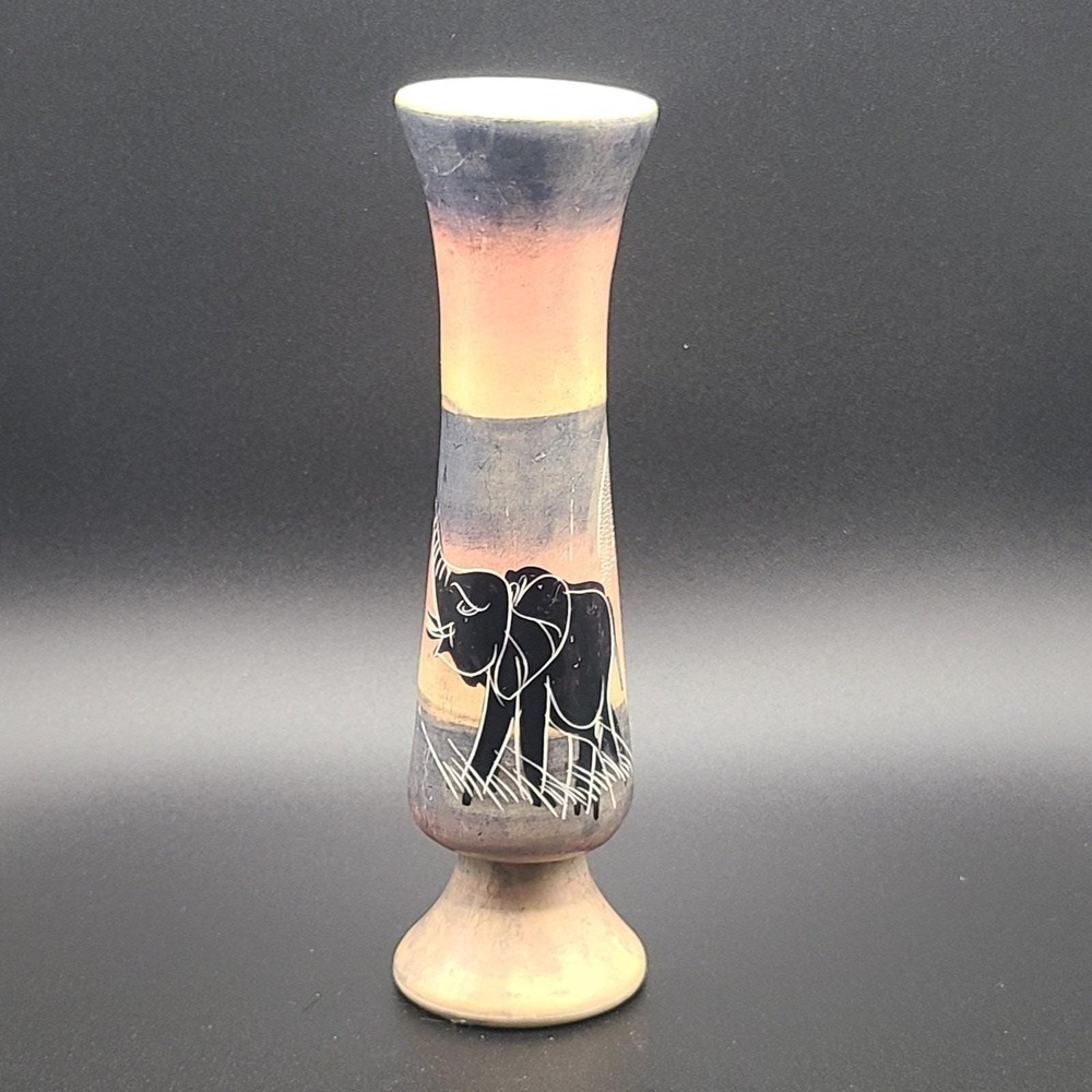 Hand Carved Soapstone Bud Vase Etched Painted Elephant Kenya Desert